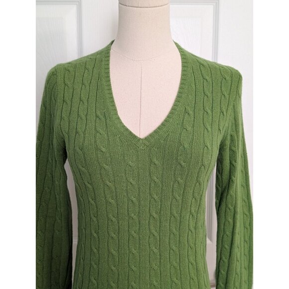 Vtg J Crew Green Cable Knit WOOL ANGORA CASHMERE V Neck Sweater Sz S Y2K Preppy - Picture 2 of 7